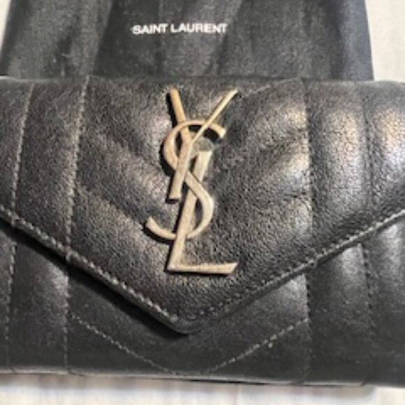 Gently Used Saint Laurent YSL Monogram Trifold Wallet in Black Grained Leather - Picture 1 of 10